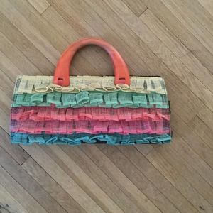 Vintage 90s Multi Colored Ruffle Wood Handle Purse